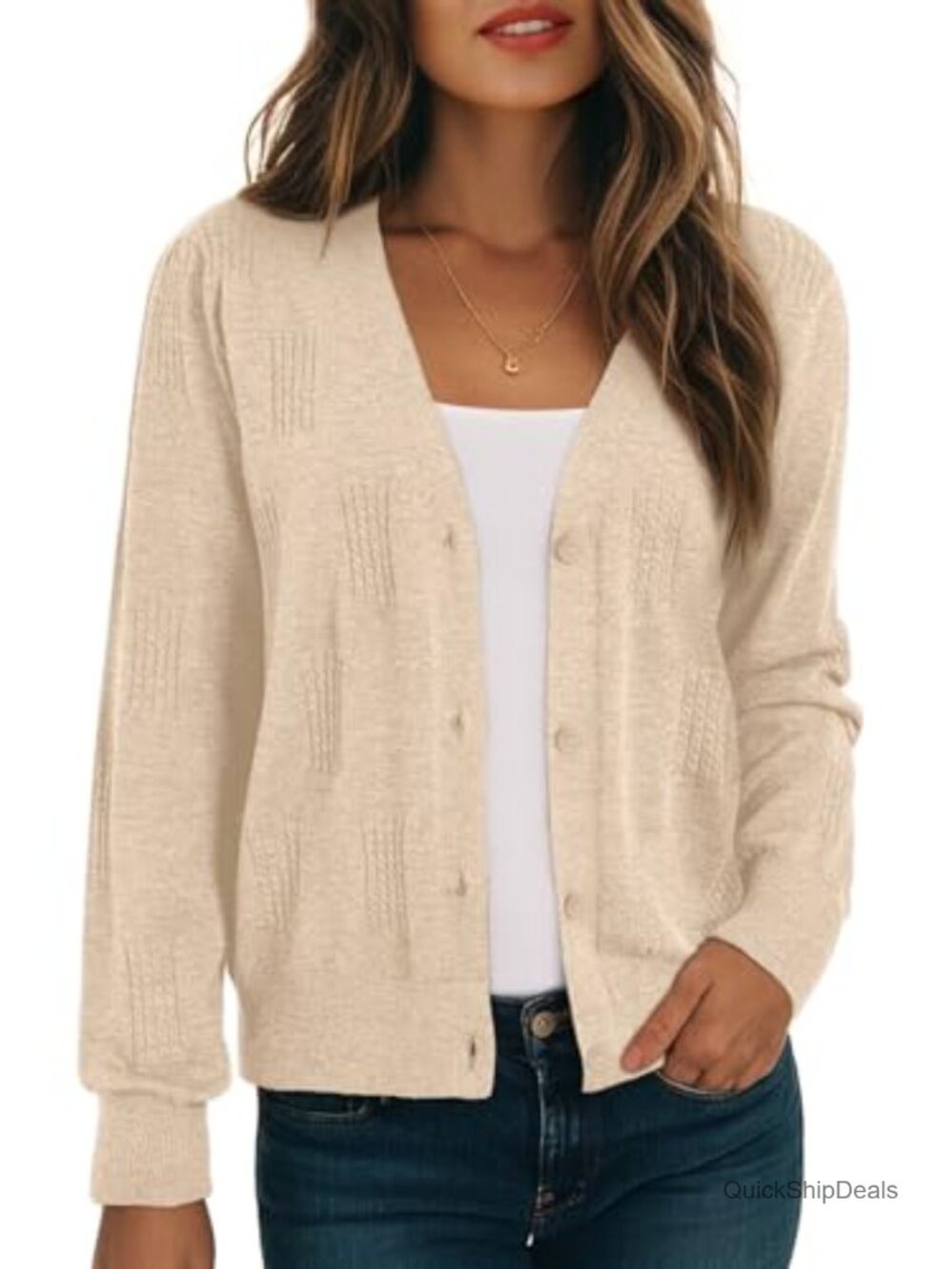 Womens V-Neck Cardigan Sweater Lightweight Knit Open Front Button Long Sleeve